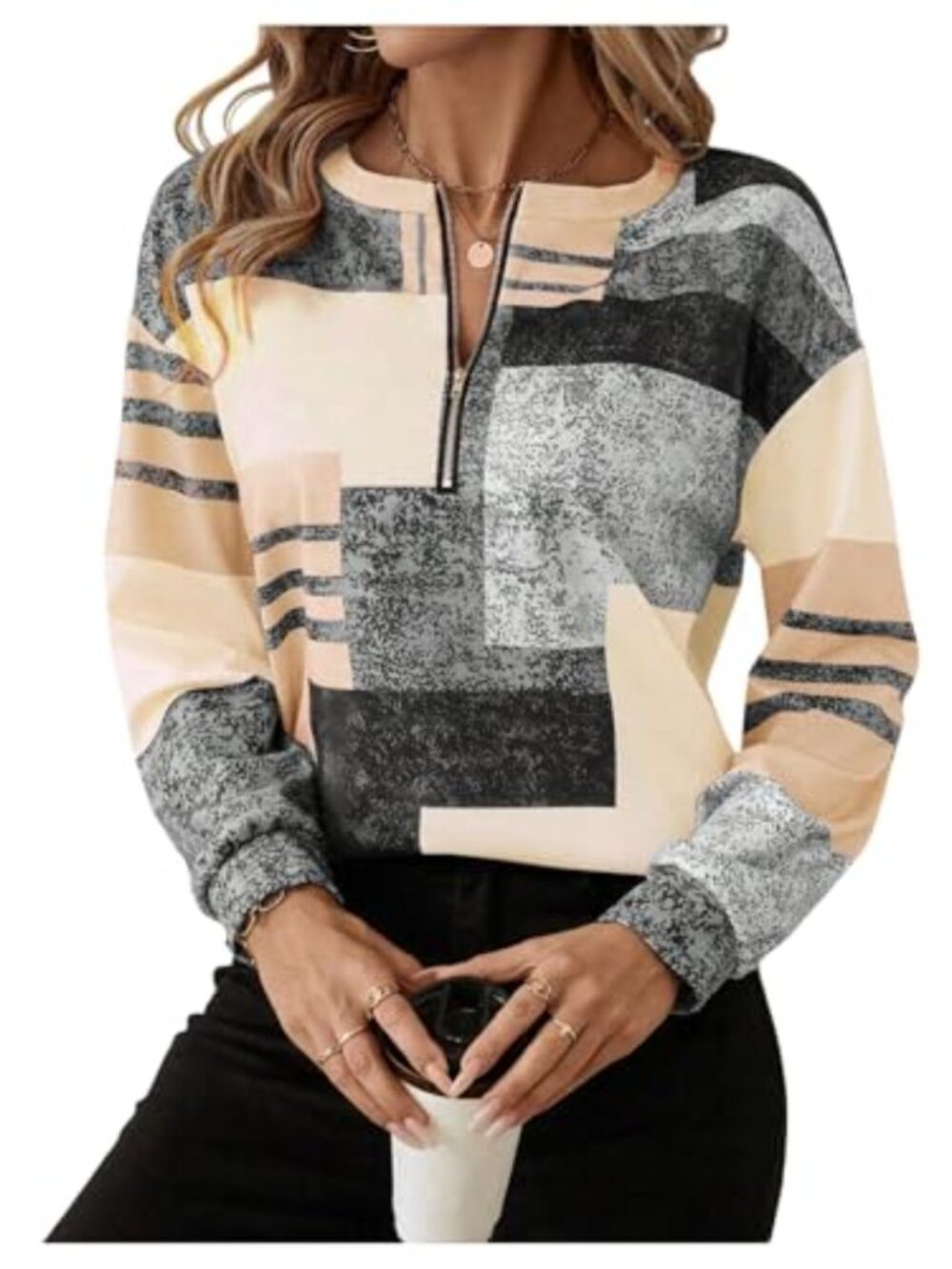 Women's Half Zip Color Block Sweatshirt Long Sleeve Pullover Top